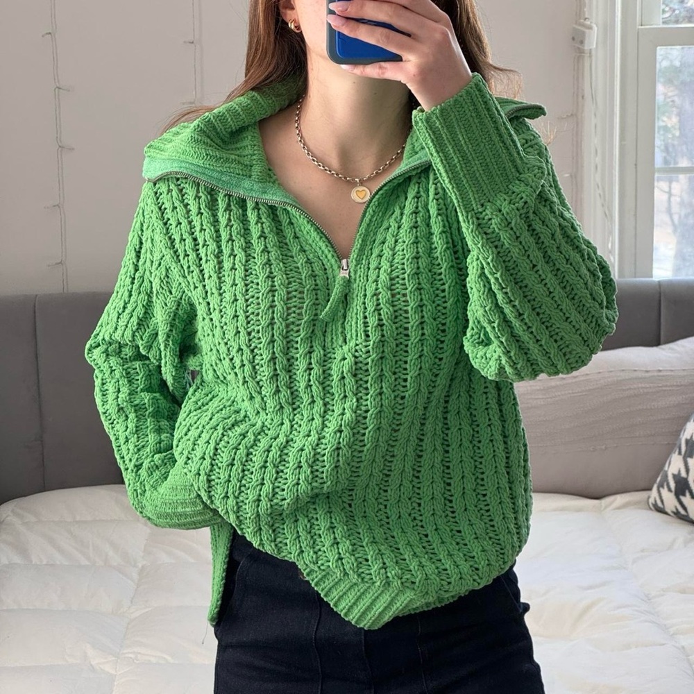 Aerie Cable Car Quarter Zip Oversized Green Cable Knit Sweater